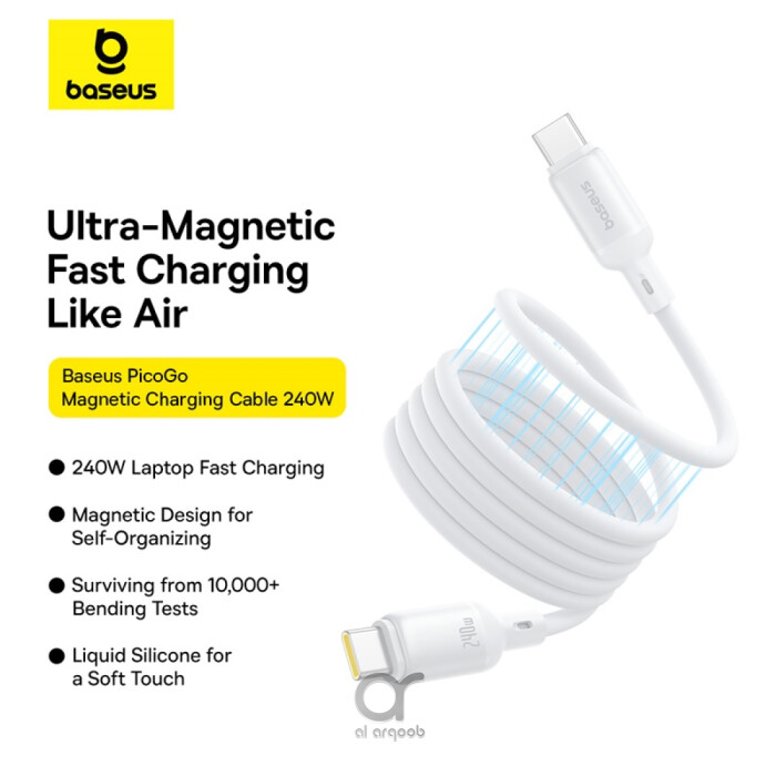 Baseus PicoGo 240W Magnetic Fast Charging USB-C Cable, Type-C to Type-C 480Mbps Liquid Silicone Cable 1M - White