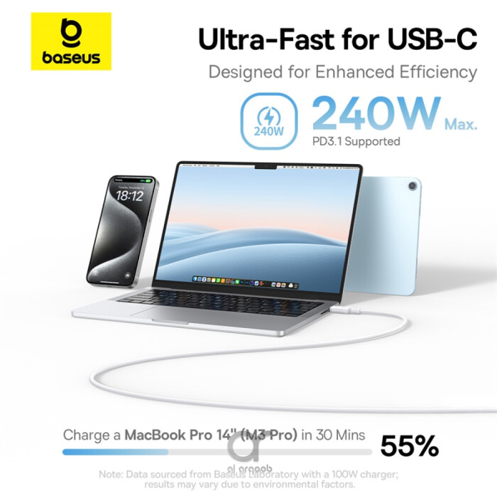 Baseus PicoGo 240W Magnetic Fast Charging USB-C Cable, Type-C to Type-C 480Mbps Liquid Silicone Cable 1M - White