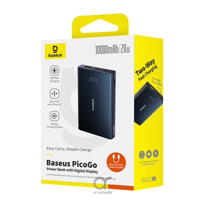 Baseus PicoGo 10000mAh Power Bank with Digital Display  20W Fast Charging - USB-A, 2x Type-C - Black (With Simple Wiring Type-C to Type-C 60W 20V/3A 30cm Black)