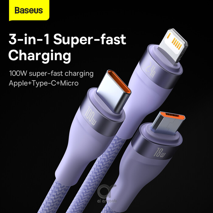 Baseus Flash Series 2 100W One-for-three Fast Charging Cable USB to M+L+C - 480Mbps Data Cable, Nylon Braided,  1.2M - Purple