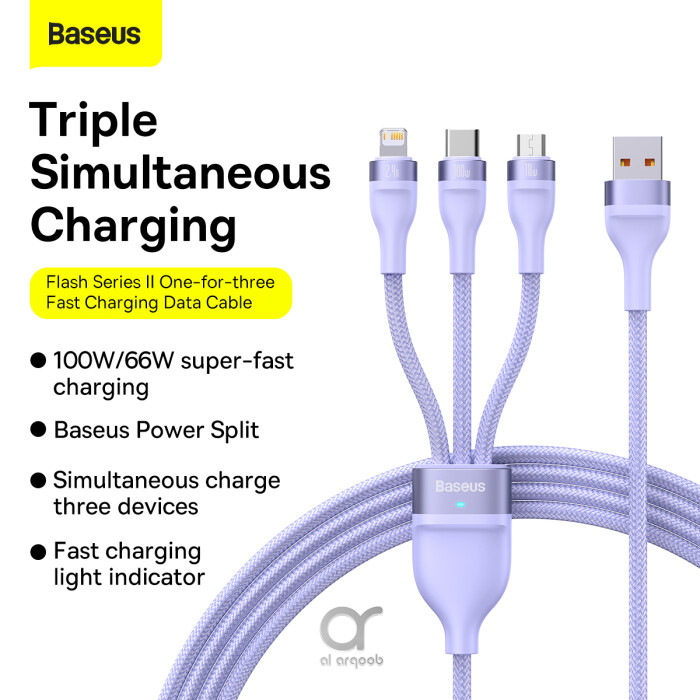 Baseus Flash Series 2 100W One-for-three Fast Charging Cable USB to M+L+C - 480Mbps Data Cable, Nylon Braided,  1.2M - Purple