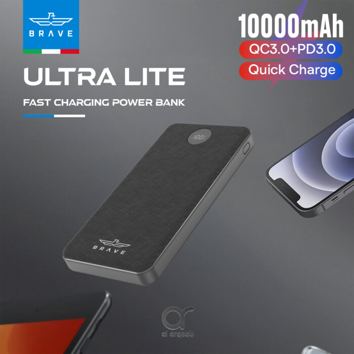 BRAVE 10000mAh Slim Power Bank 22.5W Fast Charging | PD3.0 & QC3.0 | Type-C + Dual USB-A Ports, LED Display BP-21 - Black