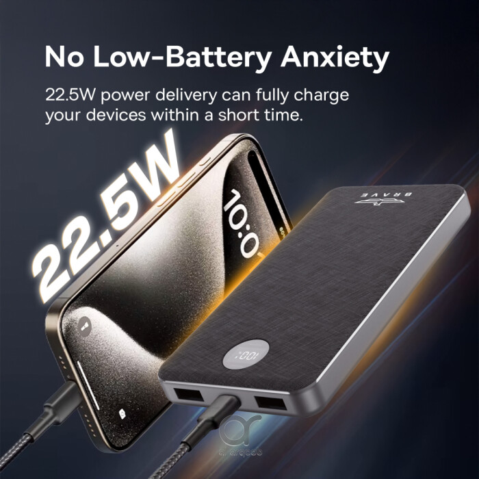 BRAVE 10000mAh Slim Power Bank 22.5W Fast Charging | PD3.0 & QC3.0 | Type-C + Dual USB-A Ports, LED Display BP-21 - Black