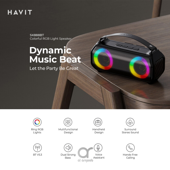 Havit SK888BT RGB Bluetooth Speaker - IPX5, Dual Bass, Stereo Sound, 1800mAh Battery, TWS, TF, USB, AUX, Hands-Free Calling & Voice Assistant - Black