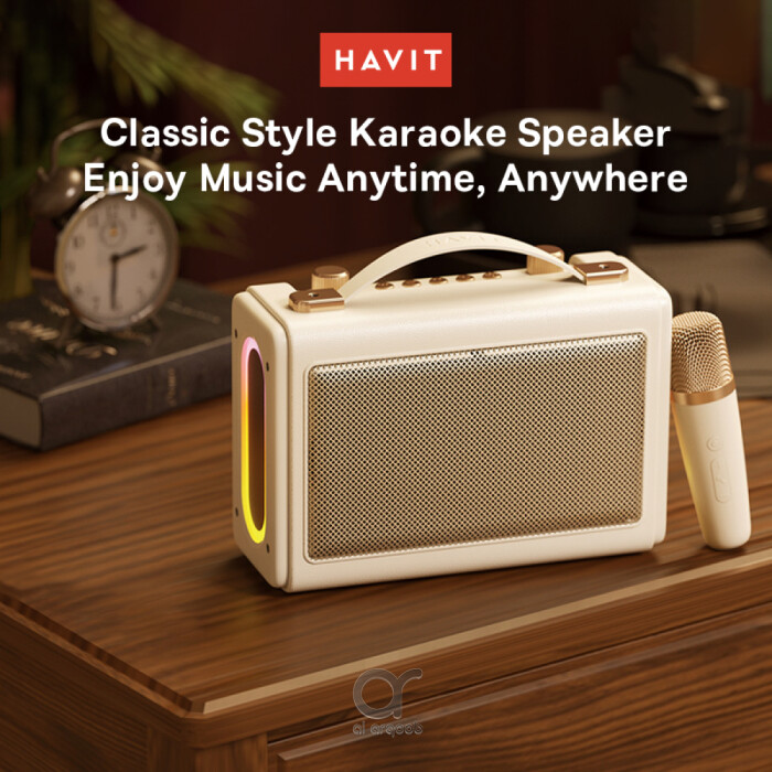 Havit SK823BT Retro Portable Karaoke Bluetooth Speaker with Wireless Microphone – RGB Lights, USB & TF Port, Aux In, Type-C Charging – Beige