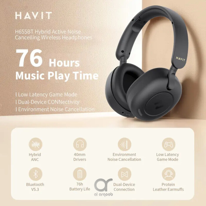 Havit Hybrid ANC Wireless Over-Ear Headphones – Bluetooth 5.3, 76h Battery, Low Latency Gaming, Dual Device Connection