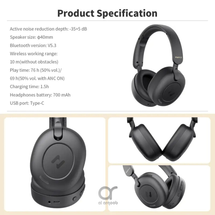 Havit Hybrid ANC Wireless Over-Ear Headphones – Bluetooth 5.3, 76h Battery, Low Latency Gaming, Dual Device Connection