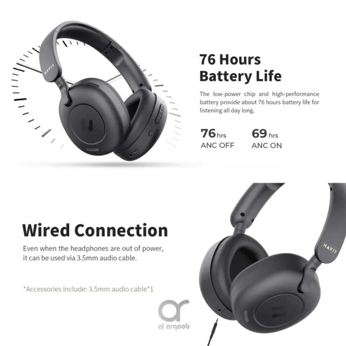 Havit Hybrid ANC Wireless Over-Ear Headphones – Bluetooth 5.3, 76h Battery, Low Latency Gaming, Dual Device Connection