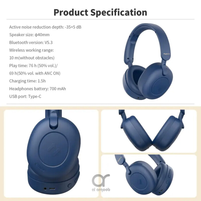 Havit Hybrid ANC Wireless Over-Ear Headphones – Bluetooth 5.3, 76h Battery, Low Latency Gaming, Dual Device Connection