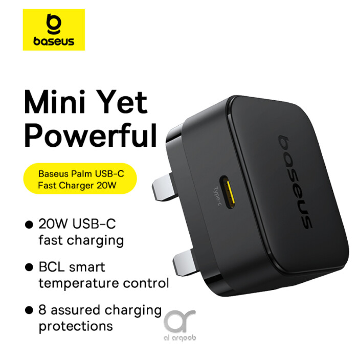 Baseus Palm 20W PD Type-C Fast Charging Wall Charger with UK Plug and 1M Type-C to Lightning Cable - Ultra-Fast Charging, Compact Design, and Universal Compatibility for Smartphones and Tablets - Black