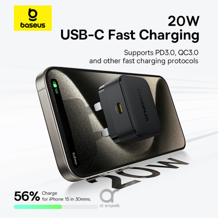 Baseus Palm 20W PD Type-C Fast Charging Wall Charger UK Plug with Ultra Fast Charging Type-C to Lightning Data Cable 1M - Black