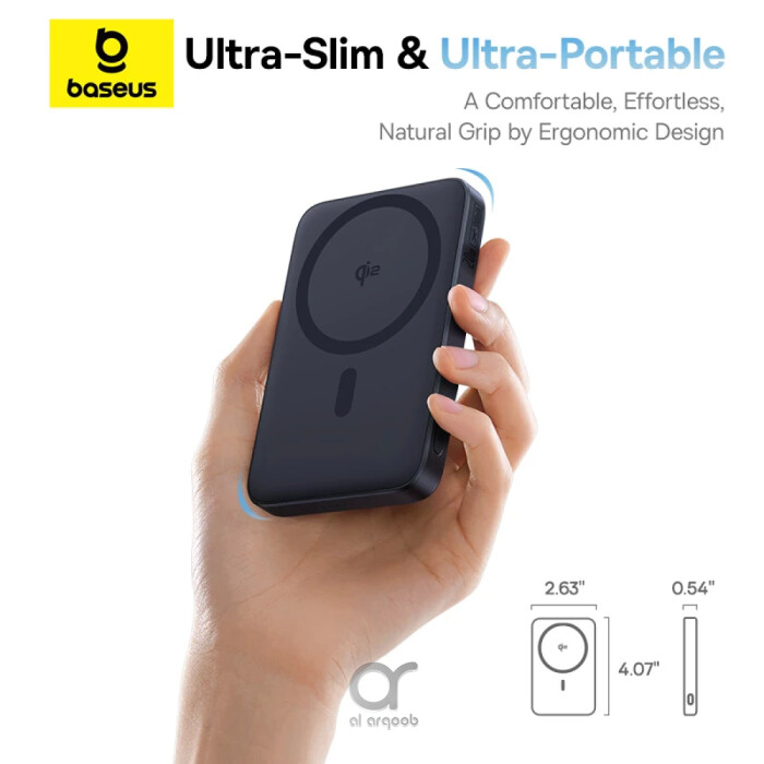 Ergonomic grip of the BASEUS Magnetic Power Bank being held in hand during use