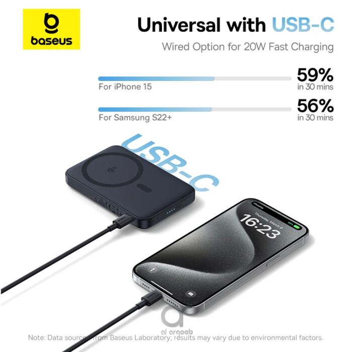 Dual device charging demo: BASEUS Power Bank charging iPhone wirelessly and Samsung via USB-C port