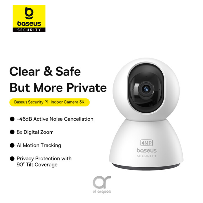 Baseus Security P1 Indoor 3K Wi-Fi Camera, AI Detection, 360° Pan, Night Vision, Works With Google & Alexa - White