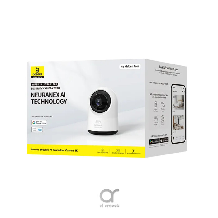 Baseus Security P1 Pro Indoor 3K Wi-Fi Camera with AI Detection, 360° Pan, Night Vision, up to 256GB MicroSD Card Support & Voice Assistant - White