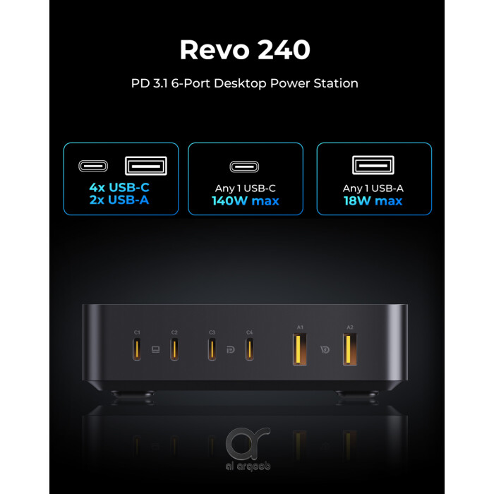 VOLTME Revo 240W 6-Port GaN Desktop Power Station with PD3.1, 140W USB-C Fast Charging, Multiport 4 USB-C & 2 USB-A Hub for Laptop and Phone - Black