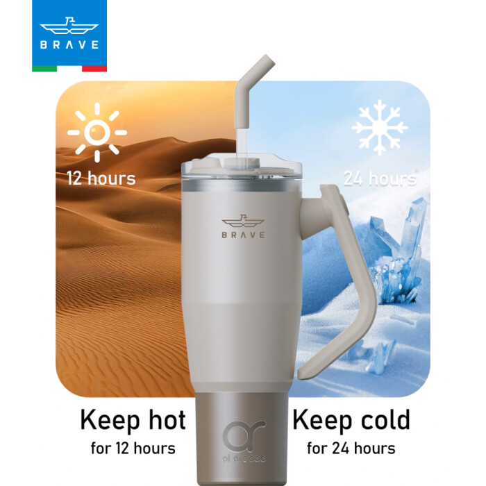 A neutral-toned Brave Tumbler Mug with a 180° rotating handle and straw is centered against a split background: desert imagery on the left with “Keep hot for 12 hours” and icy imagery on the right with “Keep cold for 24 hours.