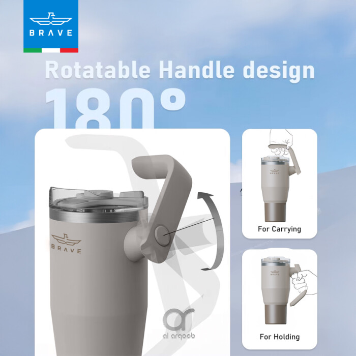 The Brave Tumbler Mug, shown in a neutral tone, features a 180° rotatable handle design.  Smaller inset images demonstrate the handle’s different positions, labeled “For Carrying” and “For Holding.