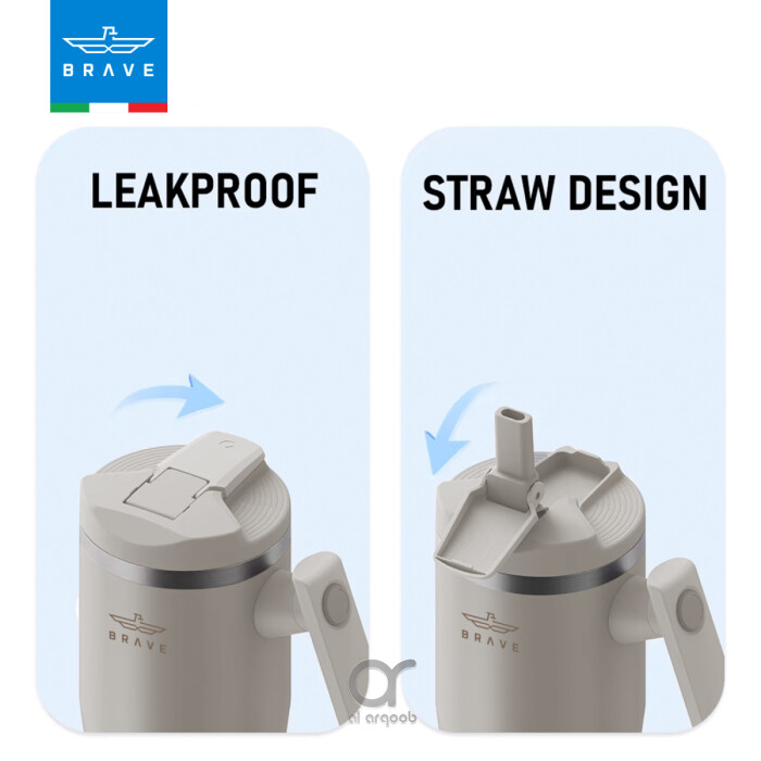 A neutral-toned Brave Tumbler Mug with two lid options side by side. The left image shows the leakproof safety lid in a closed position, while the right image highlights the straw-friendly lid, open to reveal a straw port