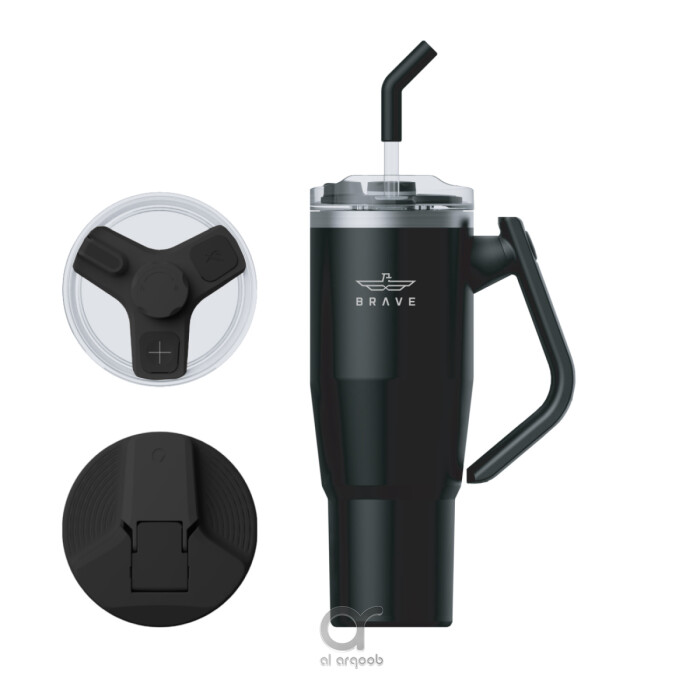 A black 40 oz Brave Tumbler Mug with a 180° rotating handle. Shown alongside two interchangeable lids—a safety lid with a flip-up closure and a G-lid designed for straw use—plus a reusable straw. The mug’s tapered shape fits standard car cup holders,