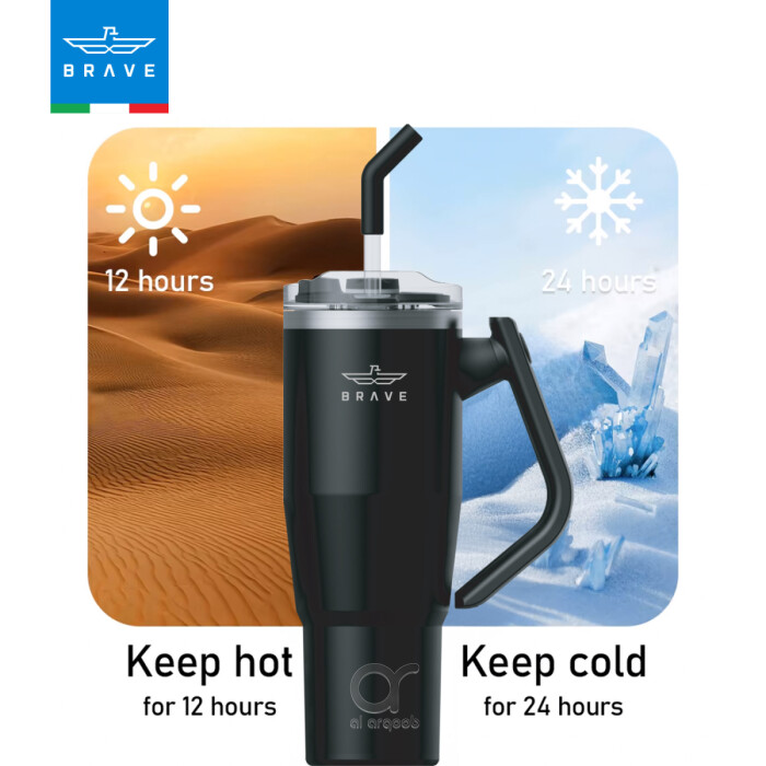 A black Brave Tumbler Mug with a 180° rotating handle and straw is centered against a split background: desert imagery on the left with “Keep hot for 12 hours” and icy imagery on the right with “Keep cold for 24 hours.