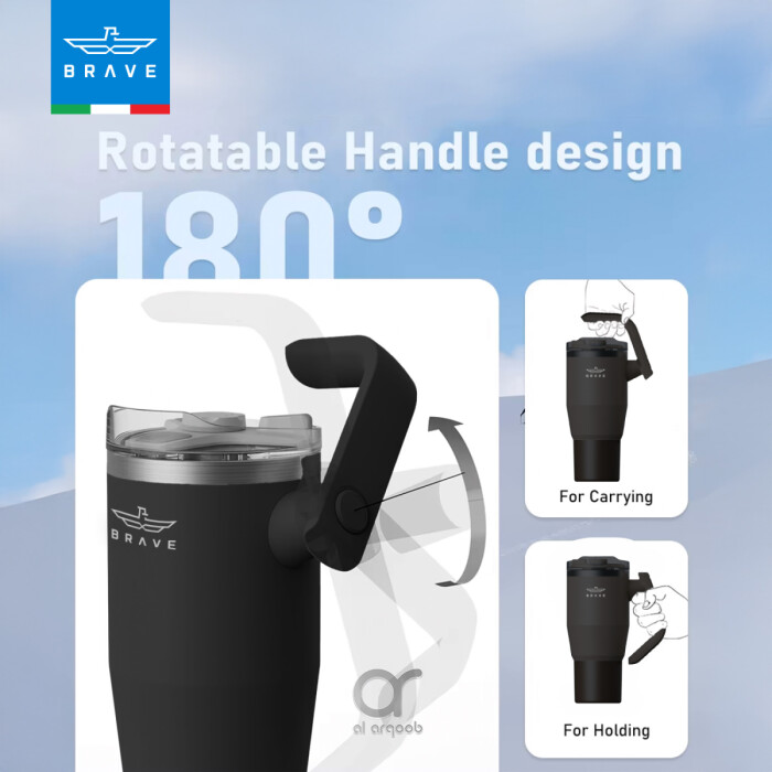 The Brave Tumbler Mug, shown in a black, features a 180° rotatable handle design.  Smaller inset images demonstrate the handle’s different positions, labeled “For Carrying” and “For Holding.