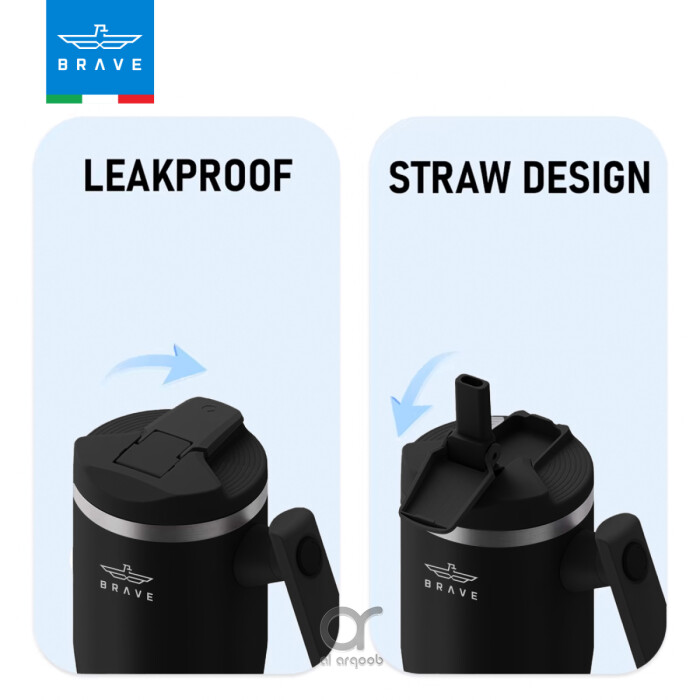 A black Brave Tumbler Mug with two lid options side by side. The left image shows the leakproof safety lid in a closed position, while the right image highlights the straw-friendly lid, open to reveal a straw port