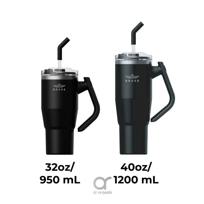 The smaller tumbler on the left is labeled 32oz/950 mL, and the larger tumbler on the right is labeled 40oz/1200 mL. Both feature a 180° rotating handle and straw lid