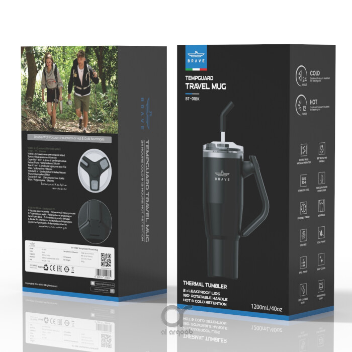 Box for the Brave TempGuard Travel Mug . The box highlights a 1200mL/40oz tumbler with a rotating handle and straw, labeled “TempGuard Travel Mug,” along with icons for 24-hour cold and 12-hour hot retention. 