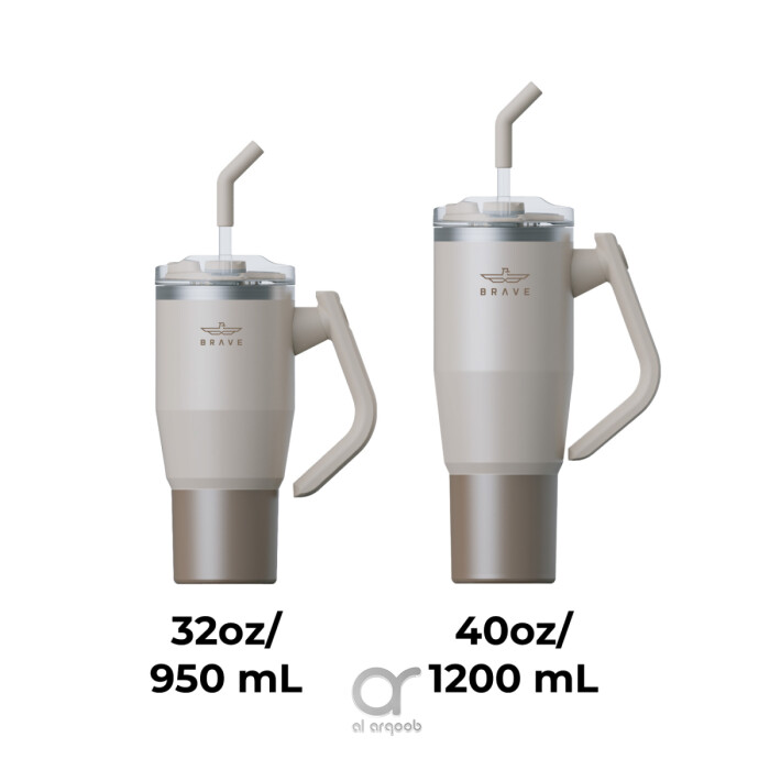 The smaller tumbler on the left is labeled 32oz/950 mL, and the larger tumbler on the right is labeled 40oz/1200 mL. Both feature a 180° rotating handle and straw lid