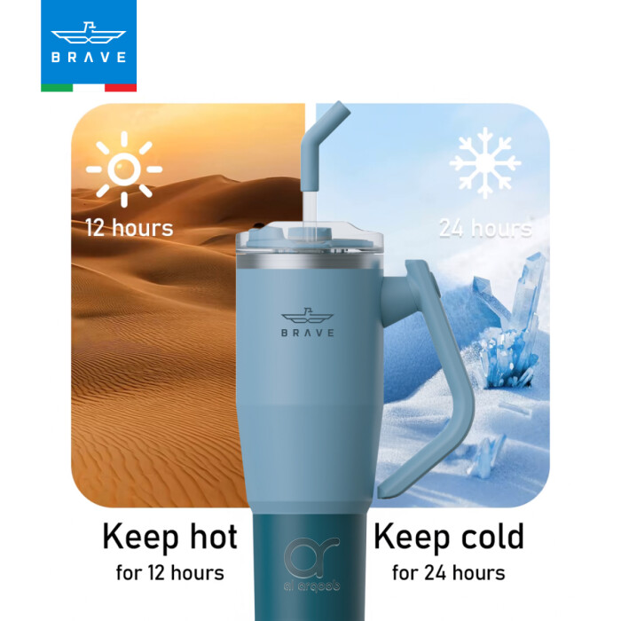 A blue-toned Brave Tumbler Mug with a 180° rotating handle and straw is centered against a split background: desert imagery on the left with “Keep hot for 12 hours” and icy imagery on the right with “Keep cold for 24 hours.