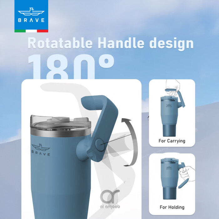 The Brave Tumbler Mug, shown in a neutral tone, features a 180° rotatable handle design.  Smaller inset images demonstrate the handle’s different positions, labeled “For Carrying” and “For Holding.