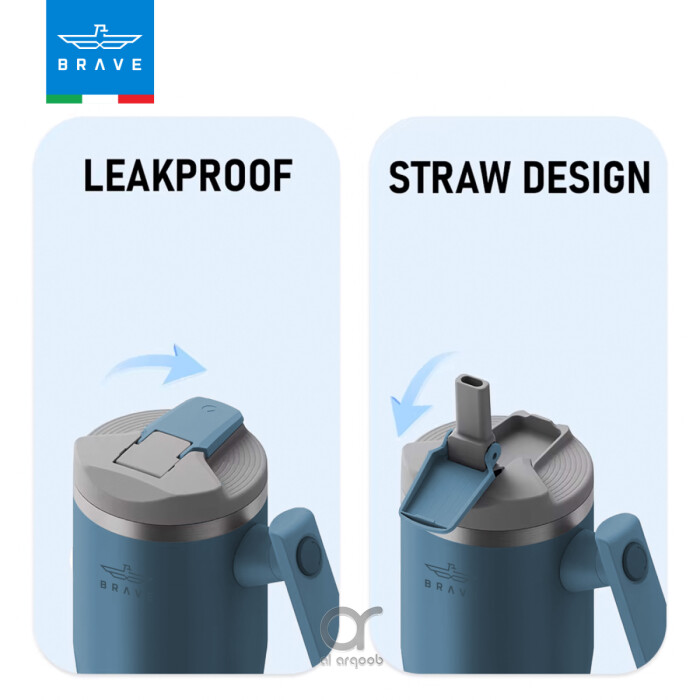 A blue-toned Brave Tumbler Mug with two lid options side by side. The left image shows the leakproof safety lid in a closed position, while the right image highlights the straw-friendly lid, open to reveal a straw port