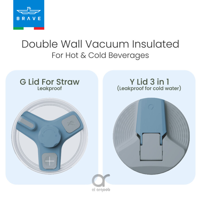 A promotional graphic showing two different lid options for the Brave Tumbler Mug. On the left, the G Lid (designed for straw use) is displayed from above, while on the right, the Y Lid 3-in-1 (leakproof for cold water) is shown in a closed position. Text above reads “Double Wall Vacuum Insulated For Hot & Cold Beverages