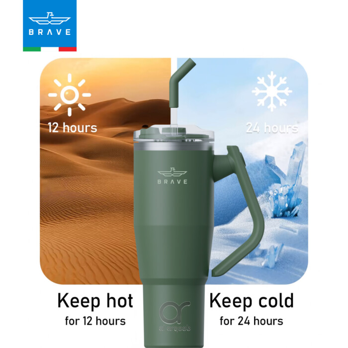 A green -toned Brave Tumbler Mug with a 180° rotating handle and straw is centered against a split background: desert imagery on the left with “Keep hot for 12 hours” and icy imagery on the right with “Keep cold for 24 hours.