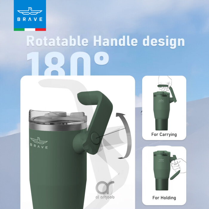 The Brave Tumbler Mug, shown in a green tone, features a 180° rotatable handle design.  Smaller inset images demonstrate the handle’s different positions, labeled “For Carrying” and “For Holding.