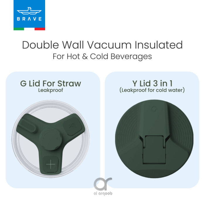 A promotional graphic showing two different lid options for the Brave Tumbler Mug. On the left, the G Lid (designed for straw use) is displayed from above, while on the right, the Y Lid 3-in-1 (leakproof for cold water) is shown in a closed position. Text above reads “Double Wall Vacuum Insulated For Hot & Cold Beverages