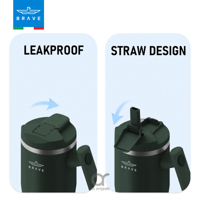 A green -toned Brave Tumbler Mug with two lid options side by side. The left image shows the leakproof safety lid in a closed position, while the right image highlights the straw-friendly lid, open to reveal a straw port