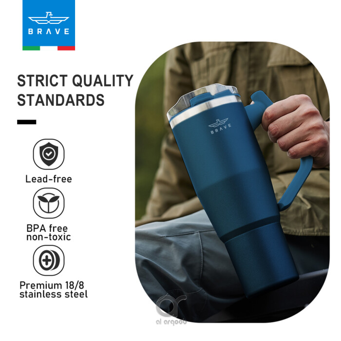 A person holds a silver Brave Tumbler Mug with a 180° rotating handle, Next to the mug, text highlights “STRICT QUALITY STANDARDS” with icons for lead-free, BPA-free, and premium 18/8 stainless steel.