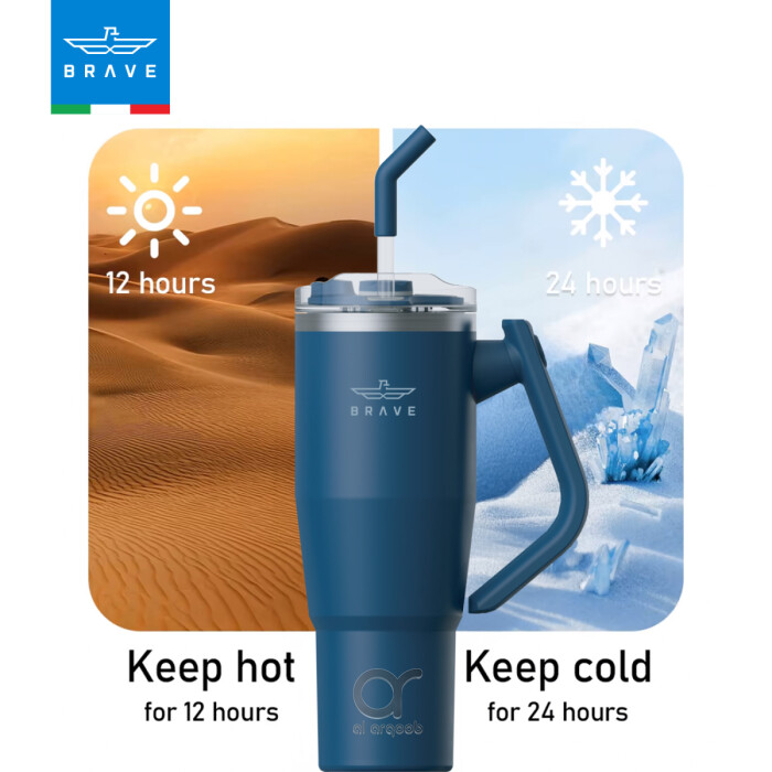 A neutral-toned Brave Tumbler Mug with a 180° rotating handle and straw is centered against a split background: desert imagery on the left with “Keep hot for 12 hours” and icy imagery on the right with “Keep cold for 24 hours.