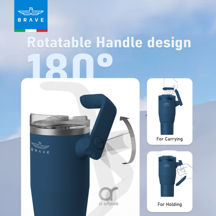 The Brave Tumbler Mug, shown in a neutral tone, features a 180° rotatable handle design.  Smaller inset images demonstrate the handle’s different positions, labeled “For Carrying” and “For Holding.