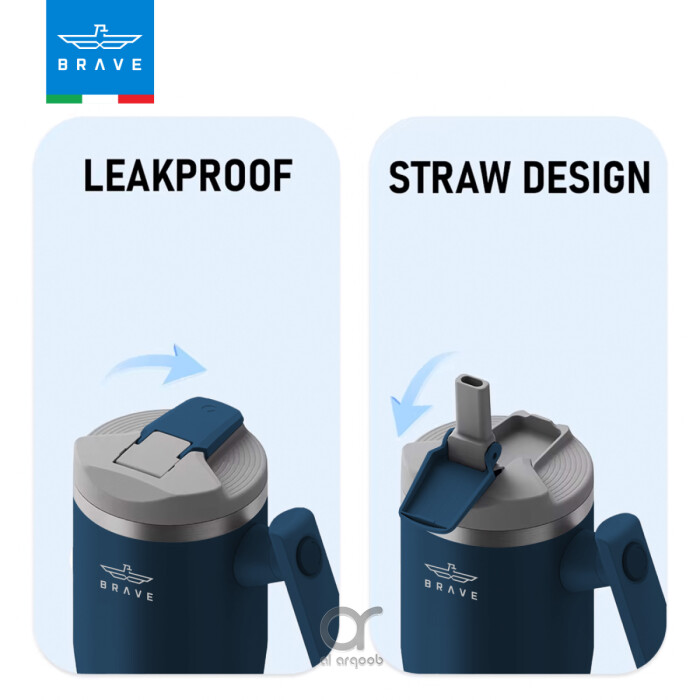 A neutral-toned Brave Tumbler Mug with two lid options side by side. The left image shows the leakproof safety lid in a closed position, while the right image highlights the straw-friendly lid, open to reveal a straw port