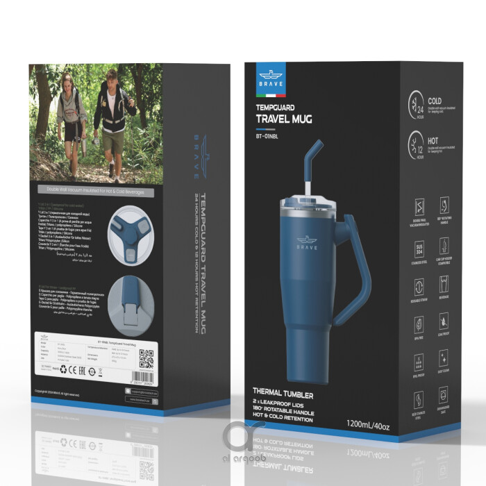 Box for the Brave TempGuard Travel Mug . The box highlights a 1200mL/40oz tumbler with a rotating handle and straw, labeled “TempGuard Travel Mug,” along with icons for 24-hour cold and 12-hour hot retention. 