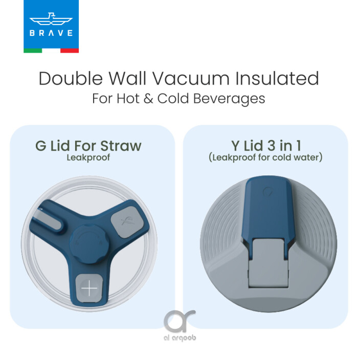 A promotional graphic showing two different lid options for the Brave Tumbler Mug. On the left, the G Lid (designed for straw use) is displayed from above, while on the right, the Y Lid 3-in-1 (leakproof for cold water) is shown in a closed position. Text above reads “Double Wall Vacuum Insulated For Hot & Cold Beverages