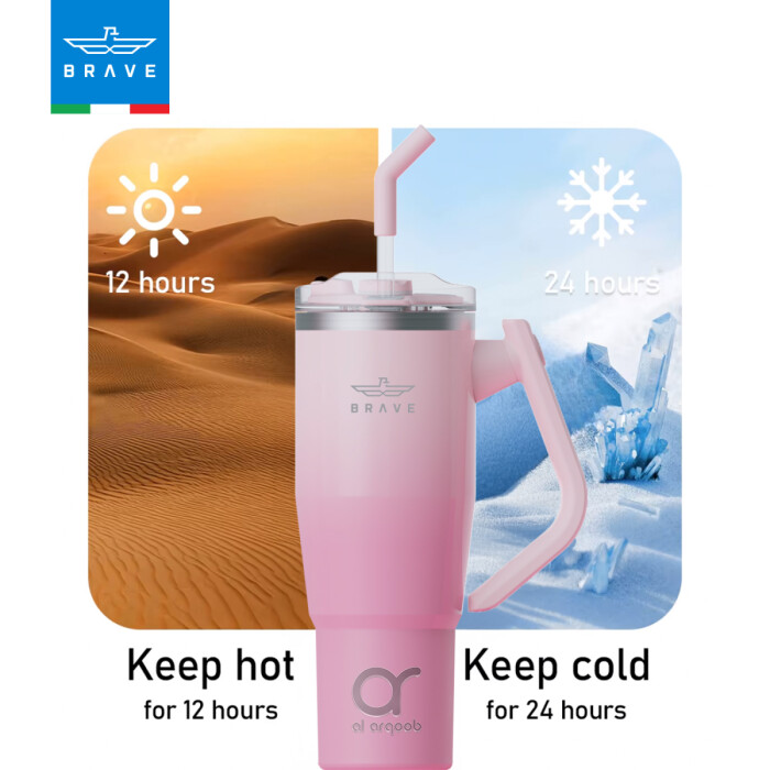 A pink-toned Brave Tumbler Mug with a 180° rotating handle and straw is centered against a split background: desert imagery on the left with “Keep hot for 12 hours” and icy imagery on the right with “Keep cold for 24 hours.