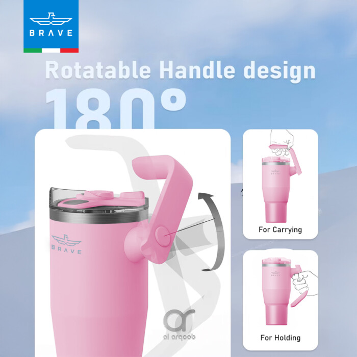 The Brave Tumbler Mug, shown in a pink tone, features a 180° rotatable handle design.  Smaller inset images demonstrate the handle’s different positions, labeled “For Carrying” and “For Holding.