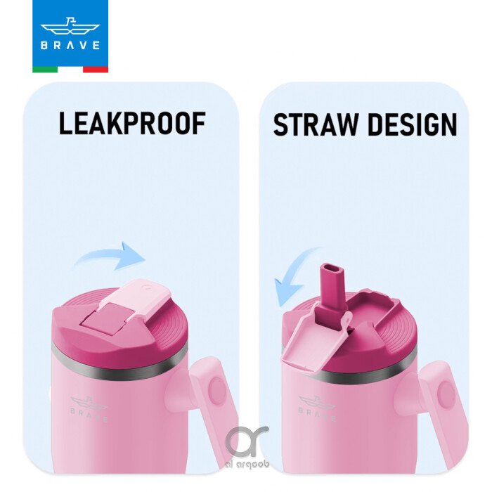 A neutral-pink Brave Tumbler Mug with two lid options side by side. The left image shows the leakproof safety lid in a closed position, while the right image highlights the straw-friendly lid, open to reveal a straw port