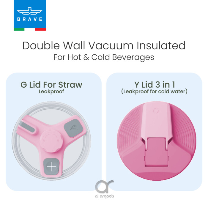 A promotional graphic showing two different lid options for the Brave Tumbler Mug. On the left, the G Lid (designed for straw use) is displayed from above, while on the right, the Y Lid 3-in-1 (leakproof for cold water) is shown in a closed position. Text above reads “Double Wall Vacuum Insulated For Hot & Cold Beverages