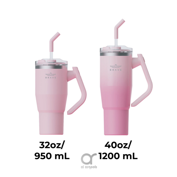 The smaller tumbler on the left is labeled 32oz/950 mL, and the larger tumbler on the right is labeled 40oz/1200 mL. Both feature a 180° rotating handle and straw lid