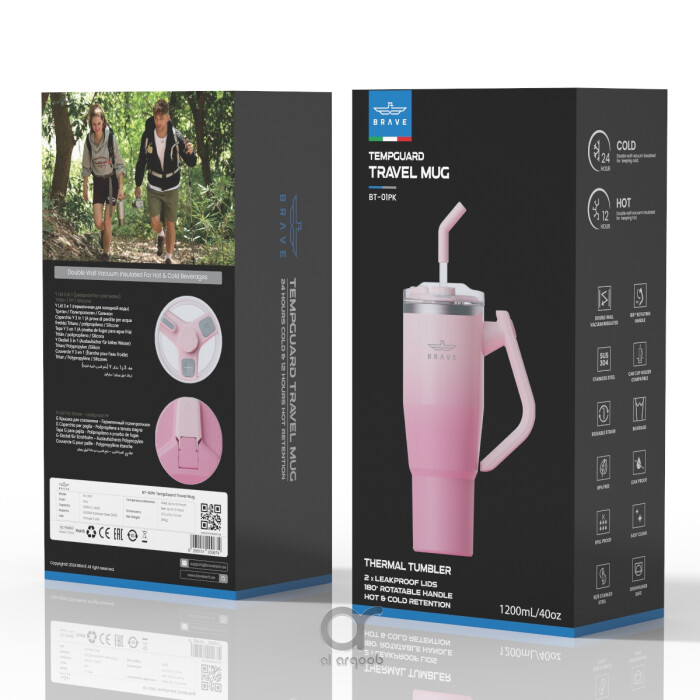 Box for the Brave TempGuard Travel Mug . The box highlights a 1200mL/40oz tumbler with a rotating handle and straw, labeled “TempGuard Travel Mug,” along with icons for 24-hour cold and 12-hour hot retention. 